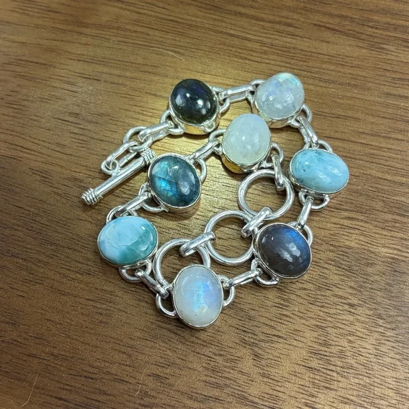 Multi Gemstone Bracelet Larimar Blue Labradorite Rainbow Moonstone Handmade 925 - Picture 5 of 9